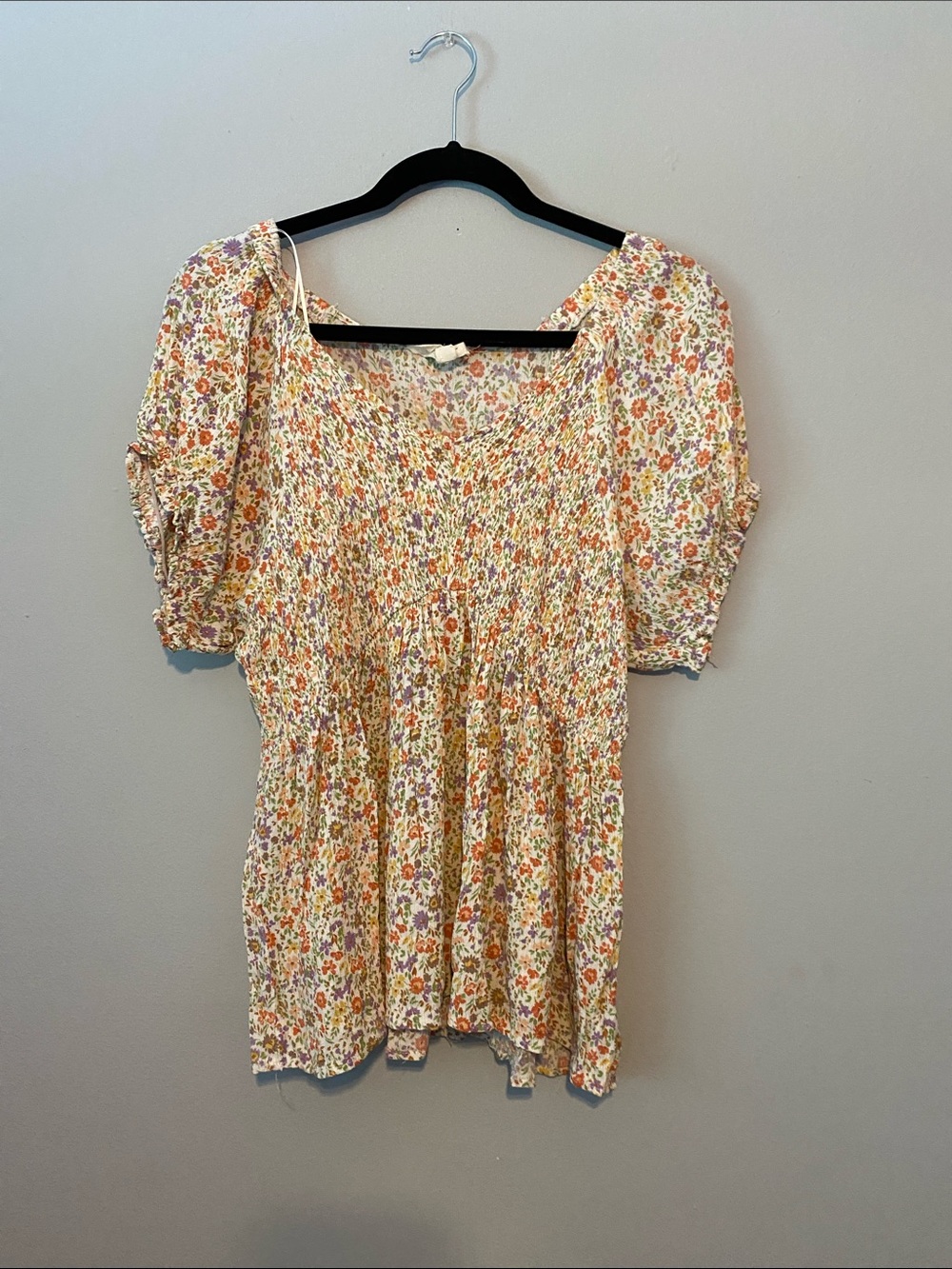 Cream Floral Smocked Peasant Blouse with Orange & Purple Accents